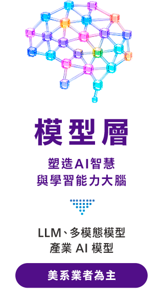 模型層：塑造AI智慧與學習能力大腦。LLM、多模態模型，產業 AI 模型。美系業者為主
